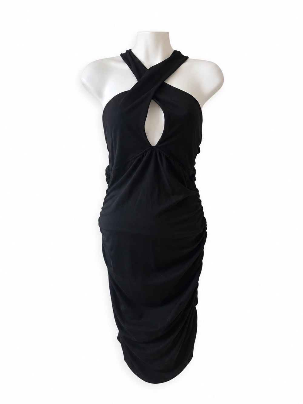 GUESS Black Ruched Halter Keyhole Bodycon Dress Size L